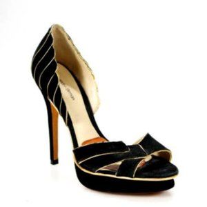 SALE! High Heel ALEXANDRE BIRMAN Black Gold Trim Suede Scalloped Edge Platform 9